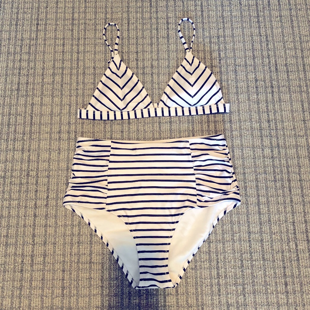White and Black Strip Two Piece Swimsuit